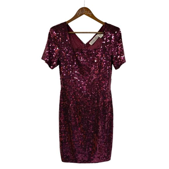 Maroon Sequin Mini Dress Niteline 8 Square Neck Vintage Silky Shiny Sparkly - Picture 1 of 8